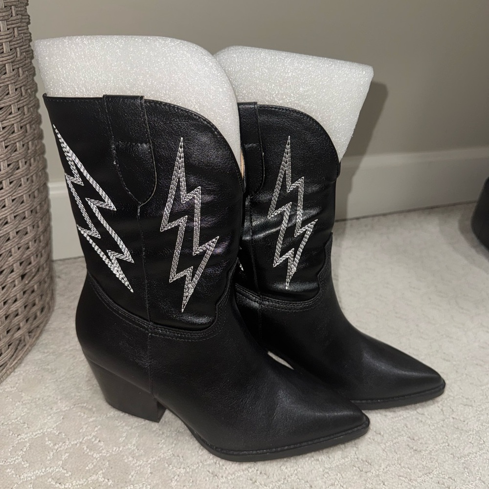 Black Ankle Boots with Silver Lightning Detail